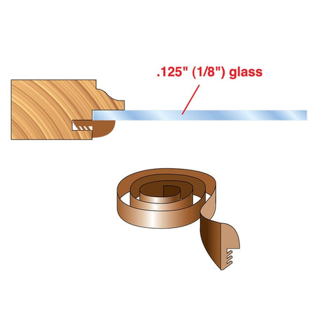 Illustration detailing the installation of a 1/8 inch glass panel into the routed wood frame using the rubber spline molding.