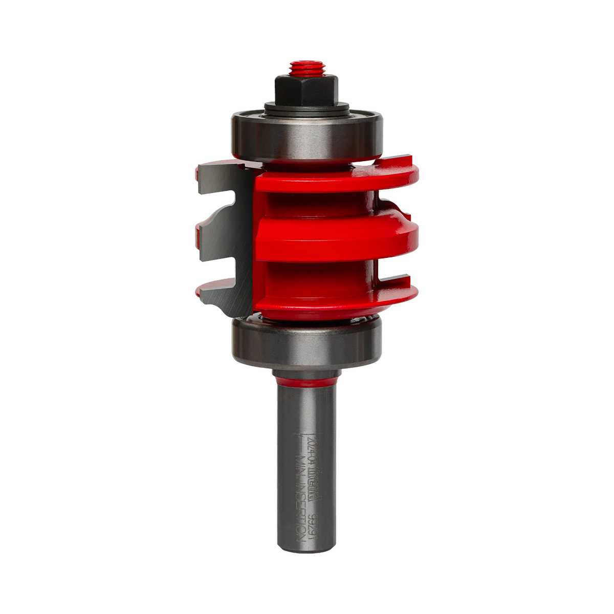Studio shot of the Freud 99-291 one-piece rail and stile router bit standing upright, featuring a red Perma-SHIELD body with stacked carbide cutters and ball bearing guides on a 1/2 inch shank.