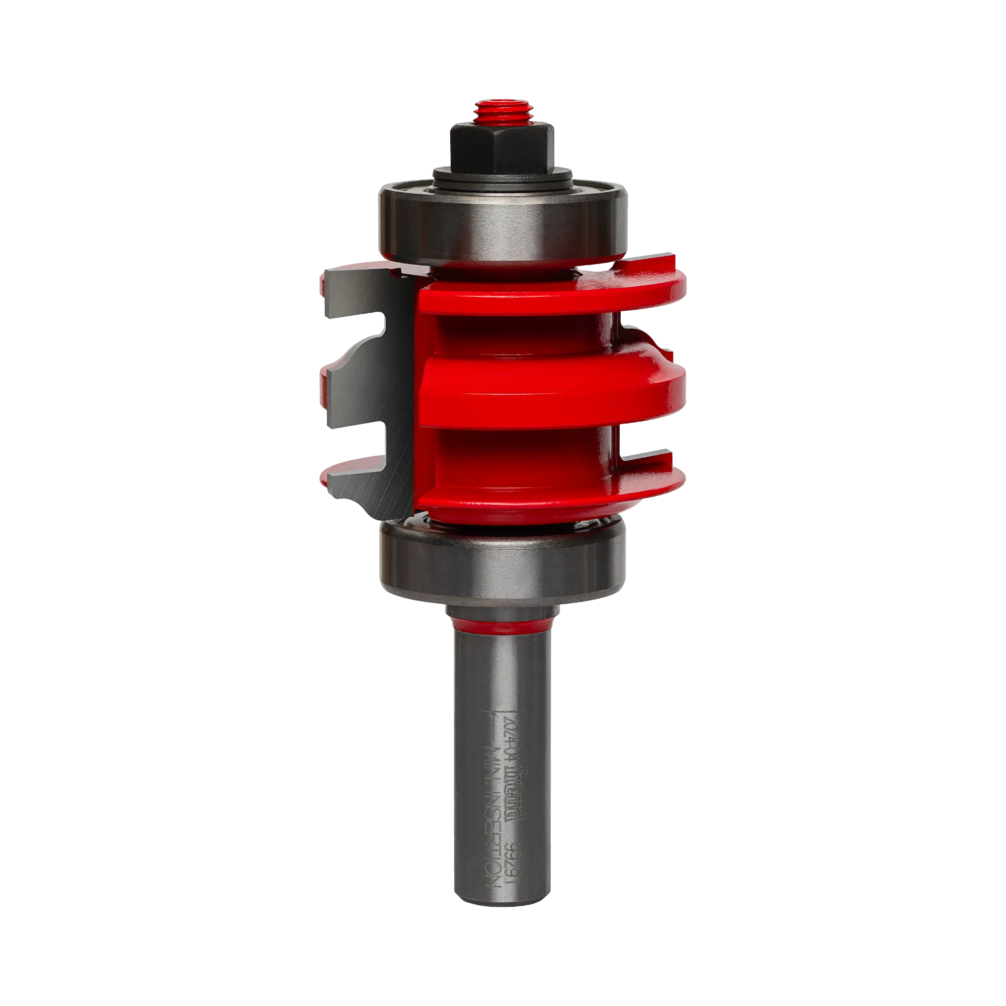 Studio shot of the Freud 99-291 one-piece rail and stile router bit standing upright, featuring a red Perma-SHIELD body with stacked carbide cutters and ball bearing guides on a 1/2 inch shank.