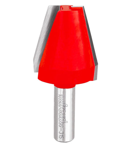 Studio shot of the Freud 99-315 vertical raised panel router bit standing upright, featuring a red Perma-SHIELD body with straight beveled carbide cutters on a 1/2 inch shank.