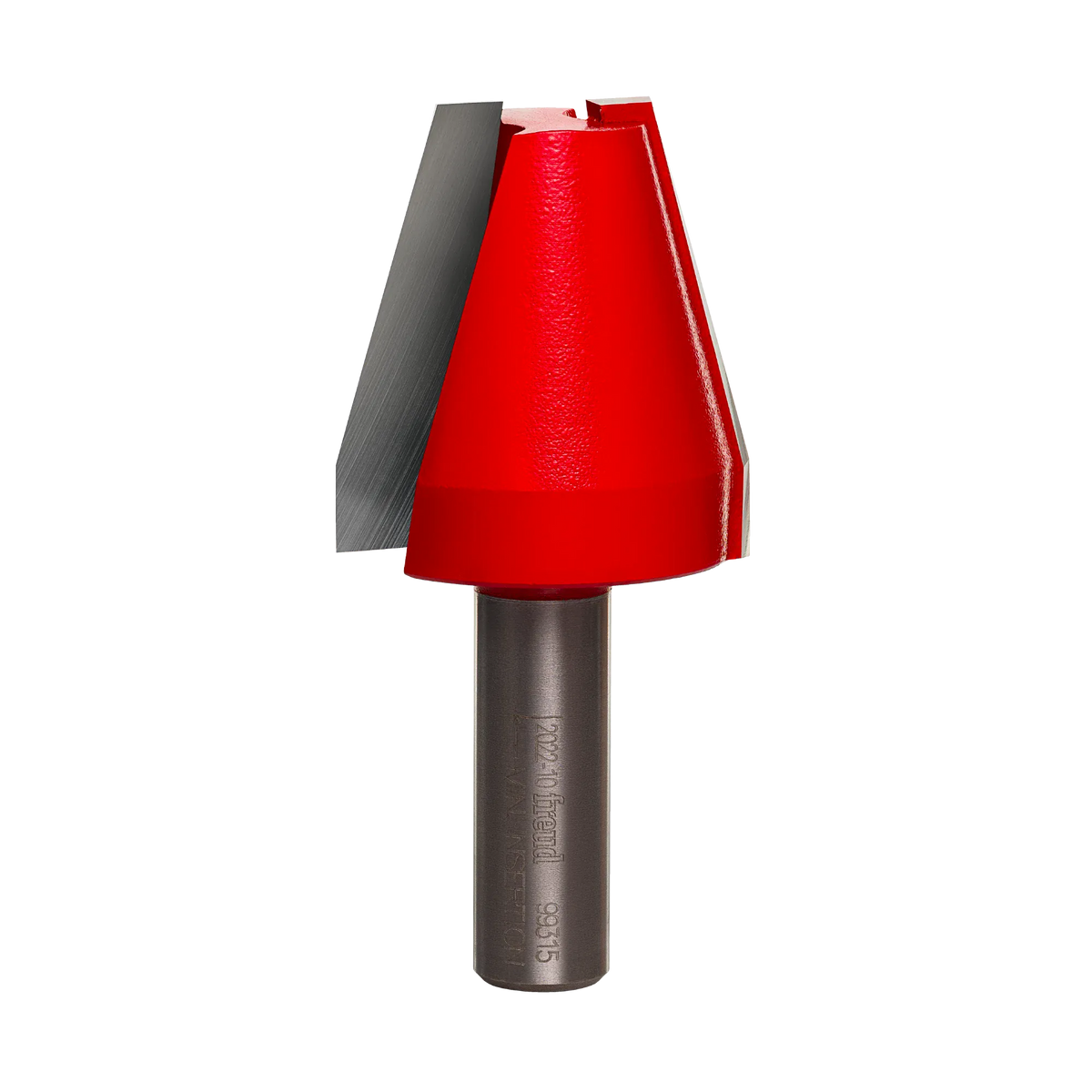 Studio shot of the Freud 99-315 vertical raised panel router bit standing upright, featuring a red Perma-SHIELD body with straight beveled carbide cutters on a 1/2 inch shank.