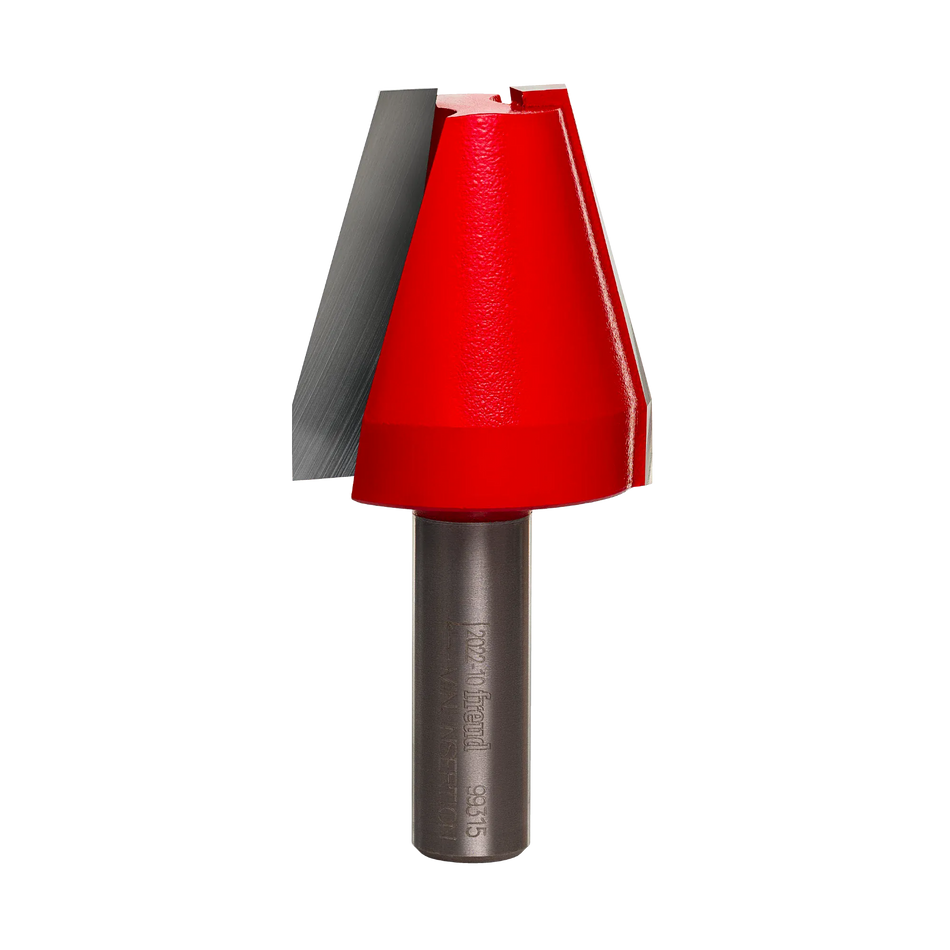 Studio shot of the Freud 99-315 vertical raised panel router bit standing upright, featuring a red Perma-SHIELD body with straight beveled carbide cutters on a 1/2 inch shank.