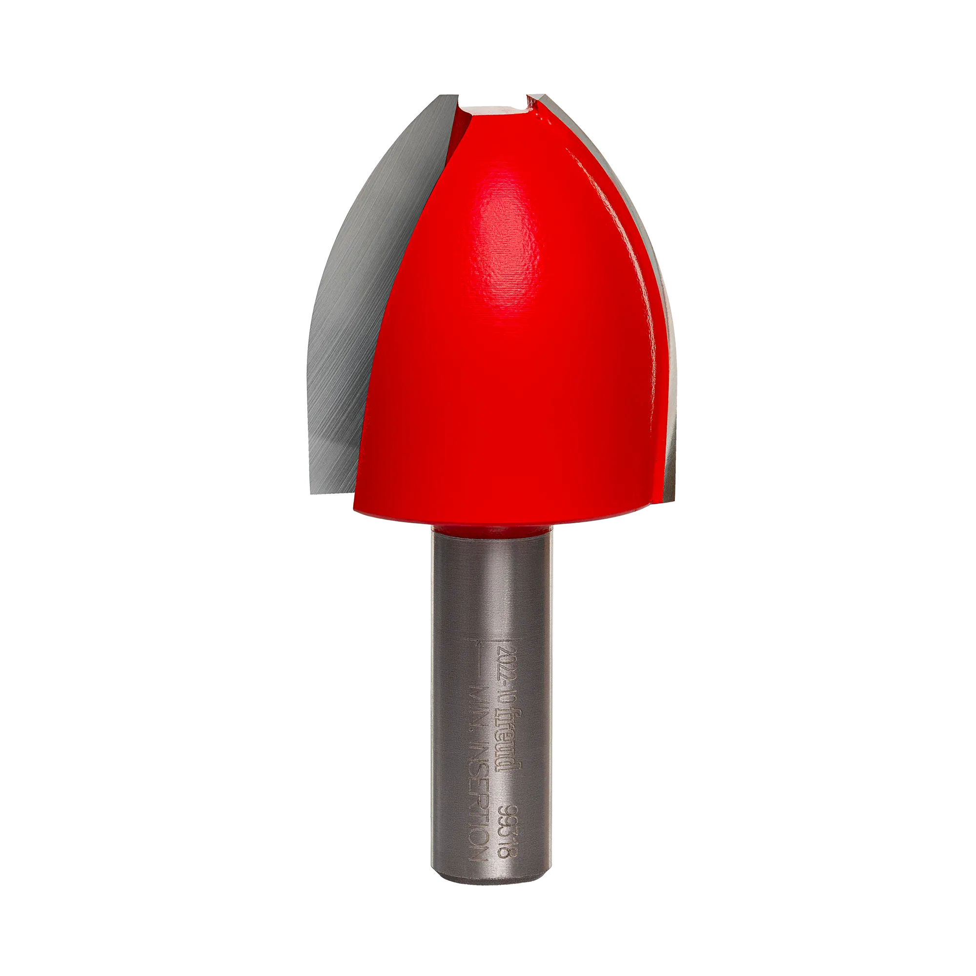 Studio shot of the Freud 99-318 vertical raised panel router bit standing upright, featuring a red Perma-SHIELD body and carbide cutters with a curved profile on a 1/2 inch shank.