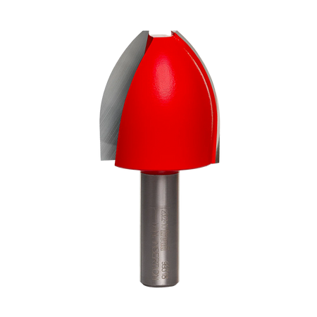 Studio shot of the Freud 99-318 vertical raised panel router bit standing upright, featuring a red Perma-SHIELD body and carbide cutters with a curved profile on a 1/2 inch shank.