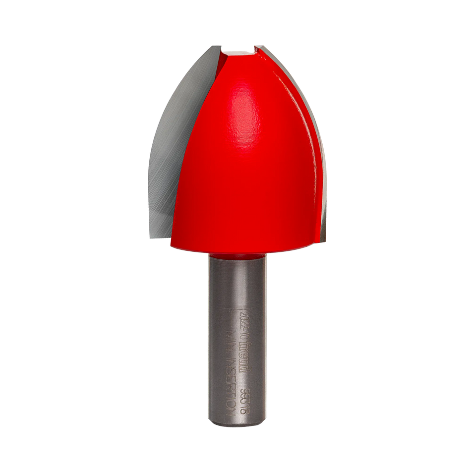 Studio shot of the Freud 99-318 vertical raised panel router bit standing upright, featuring a red Perma-SHIELD body and carbide cutters with a curved profile on a 1/2 inch shank.
