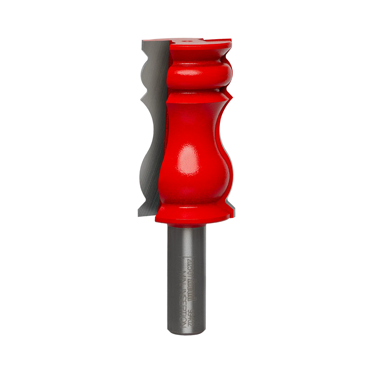 Studio shot of the Freud 99-402 crown molding router bit standing upright, featuring a red Perma-SHIELD body and carbide cutters with a decorative wavy profile on a 1/2 inch shank.