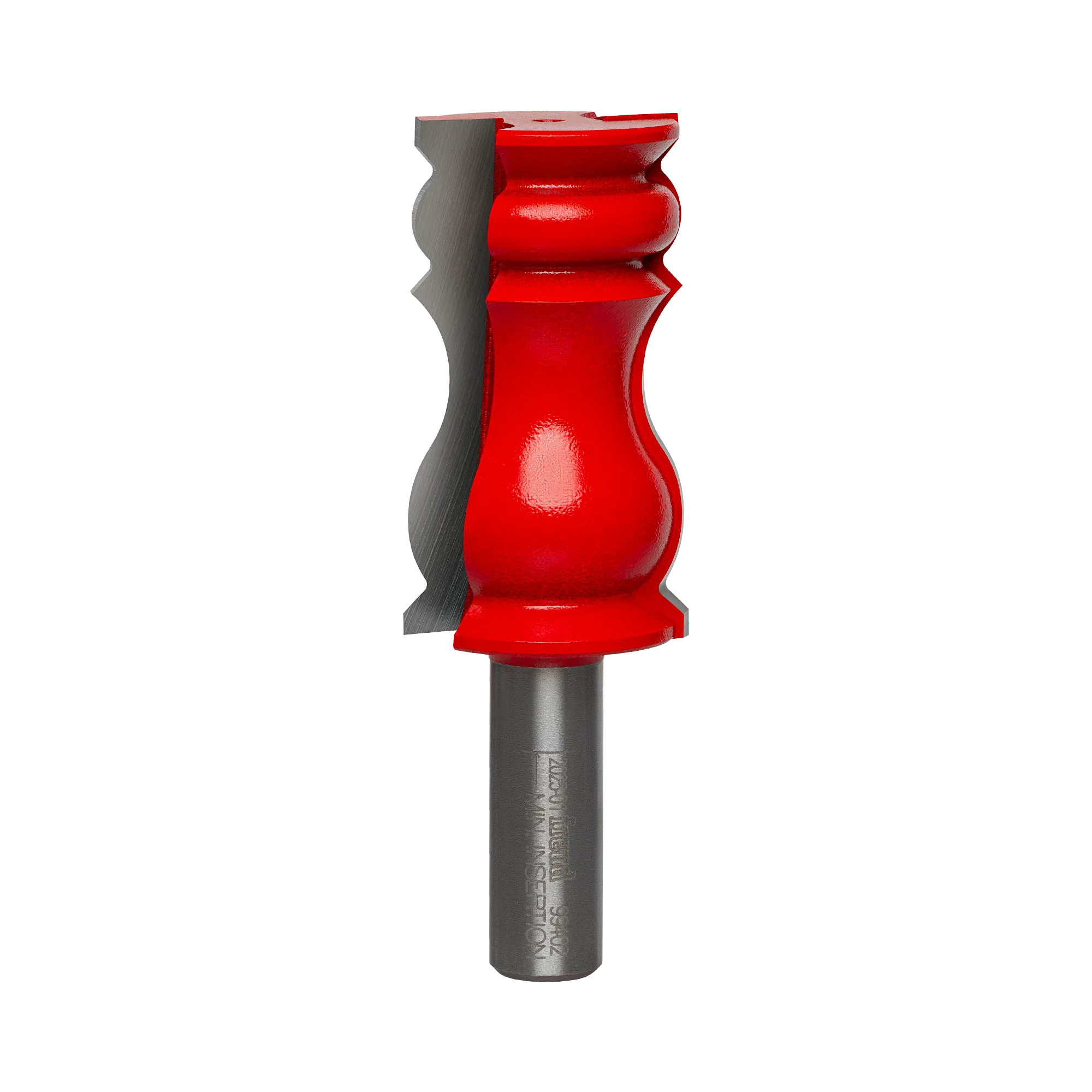 Studio shot of the Freud 99-402 crown molding router bit standing upright, featuring a red Perma-SHIELD body and carbide cutters with a decorative wavy profile on a 1/2 inch shank.