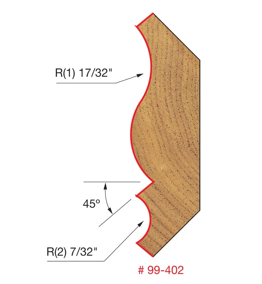Technical diagram showing the cross-section profile of the Freud 99-402 bit, indicating a 17/32 inch large radius, a 7/32 inch small radius, and a 45-degree bevel angle.