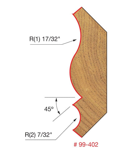 Technical diagram showing the cross-section profile of the Freud 99-402 bit, indicating a 17/32 inch large radius, a 7/32 inch small radius, and a 45-degree bevel angle.