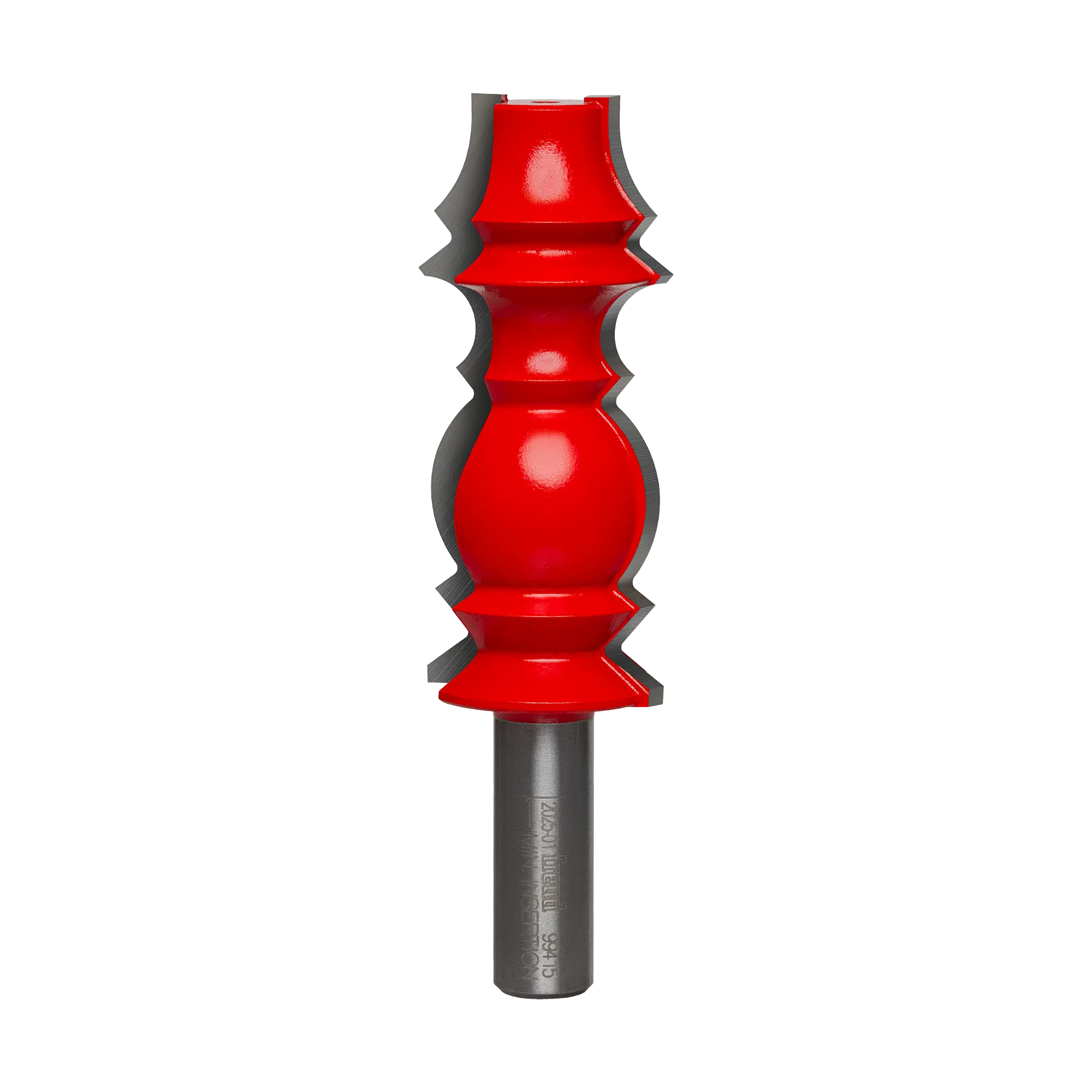 Studio shot of the Freud 99-415 wide crown molding router bit standing upright, featuring a tall red Perma-SHIELD body with carbide cutters on a 1/2 inch shank.