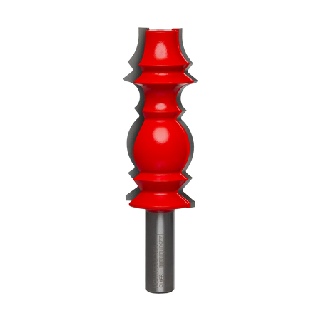 Studio shot of the Freud 99-415 wide crown molding router bit standing upright, featuring a tall red Perma-SHIELD body with carbide cutters on a 1/2 inch shank.