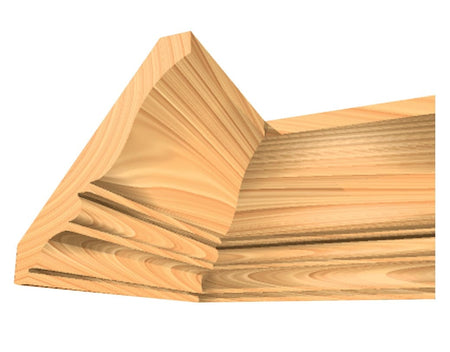 Rendering of a wood block illustrating the full height and depth of the custom 5-1/2 inch crown molding created by joining the Lower Profile 2 with a matching upper profile.