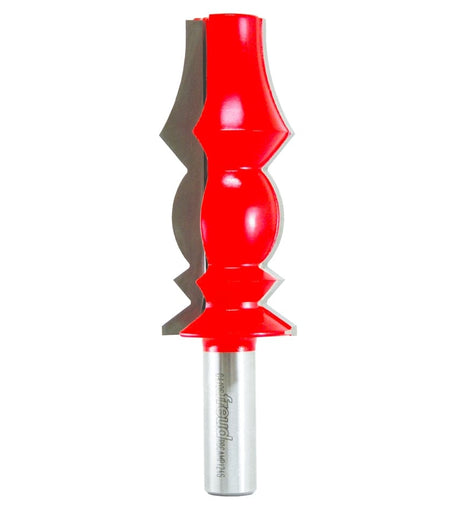 Studio shot of the Freud 99-417 wide crown molding router bit standing upright, featuring a tall red Perma-SHIELD body with carbide cutters on a 1/2 inch shank.