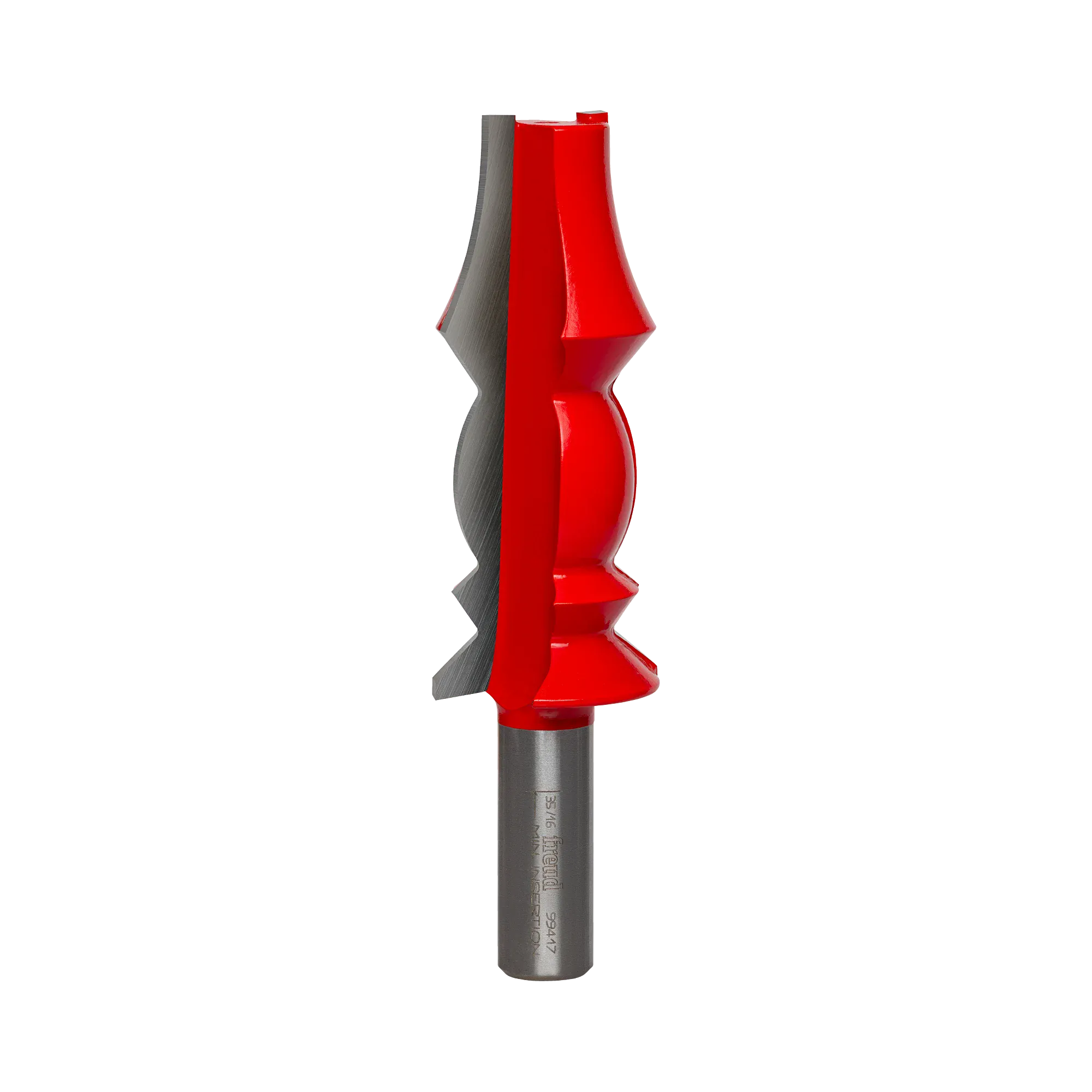 Studio shot of the Freud 99-417 wide crown molding router bit standing upright, featuring a tall red Perma-SHIELD body with carbide cutters on a 1/2 inch shank.