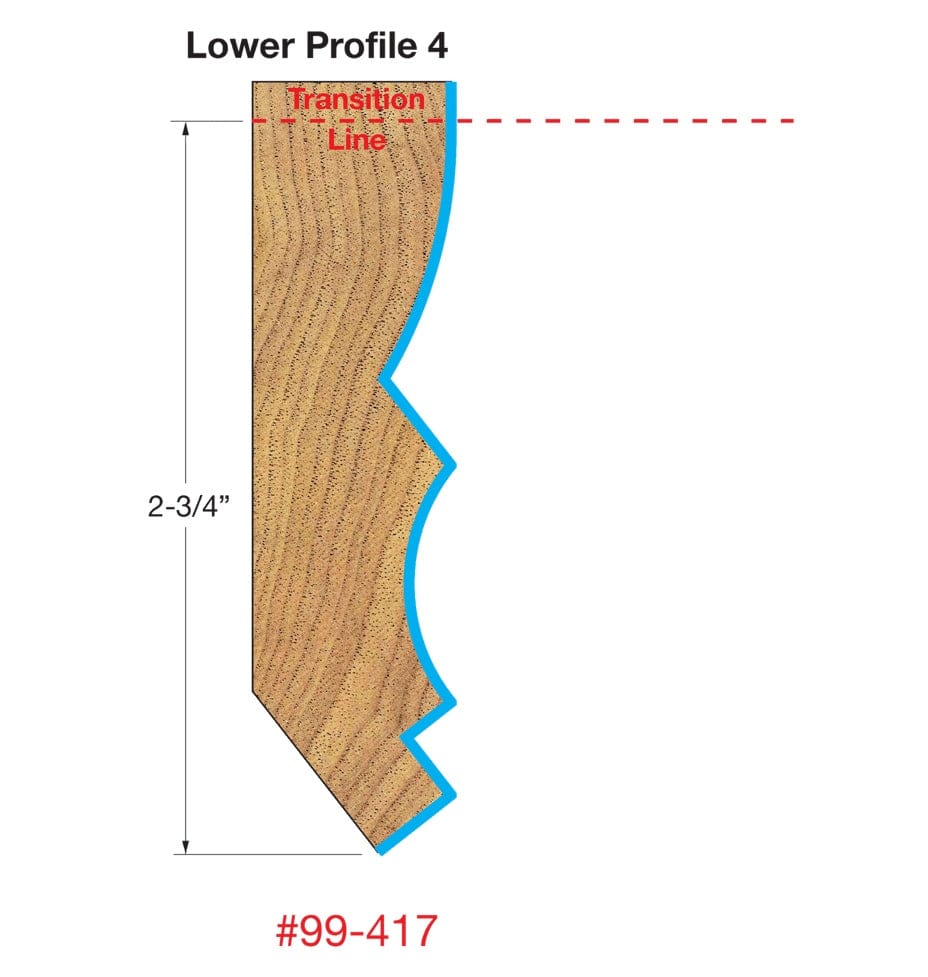 Technical diagram illustrating Lower Profile 4 created by the Freud 99-417 bit, showing dimensions of 2-3/4 inches and a transition line for joining with an upper profile.