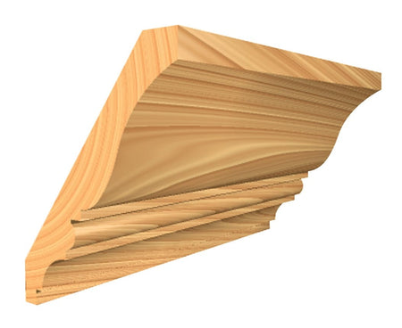 Rendering of a wood block showing a finished wide crown molding profile incorporating the Lower Profile 4 cut, featuring a smooth cove and stepped details.
