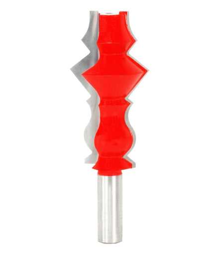 Studio shot of the Freud 99-419 wide crown molding router bit standing upright, featuring a tall red Perma-SHIELD body with carbide cutters on a 1/2 inch shank.