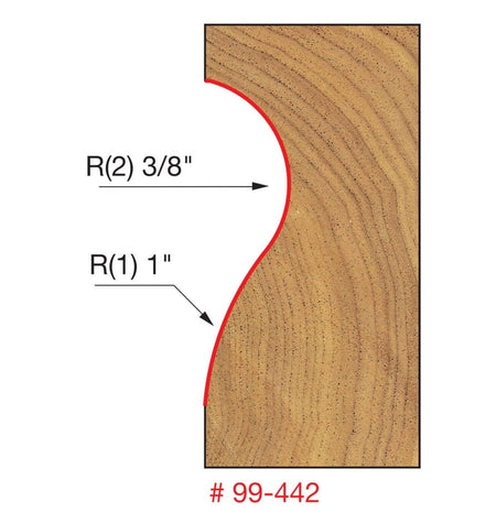 Technical diagram showing the cross-section profile of the Freud 99-442 bit, indicating a 3/8 inch small radius and 1 inch large radius for the handrail curve.