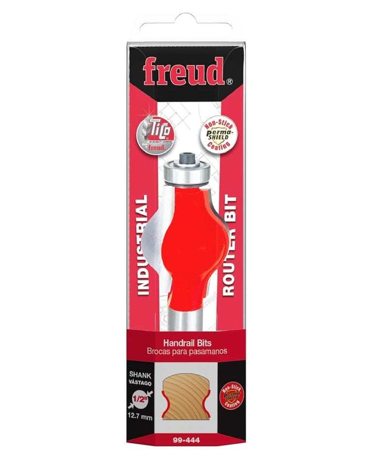 Retail packaging of the Freud 99-444 handrail bit, displaying the tool inside a clear blister pack with a profile diagram and specifications on the backing card.