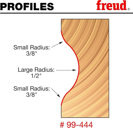 Technical diagram showing the cross-section profile of the Freud 99-444 bit, indicating a 3/8 inch small radius and 1/2 inch large radius for the handrail curve.