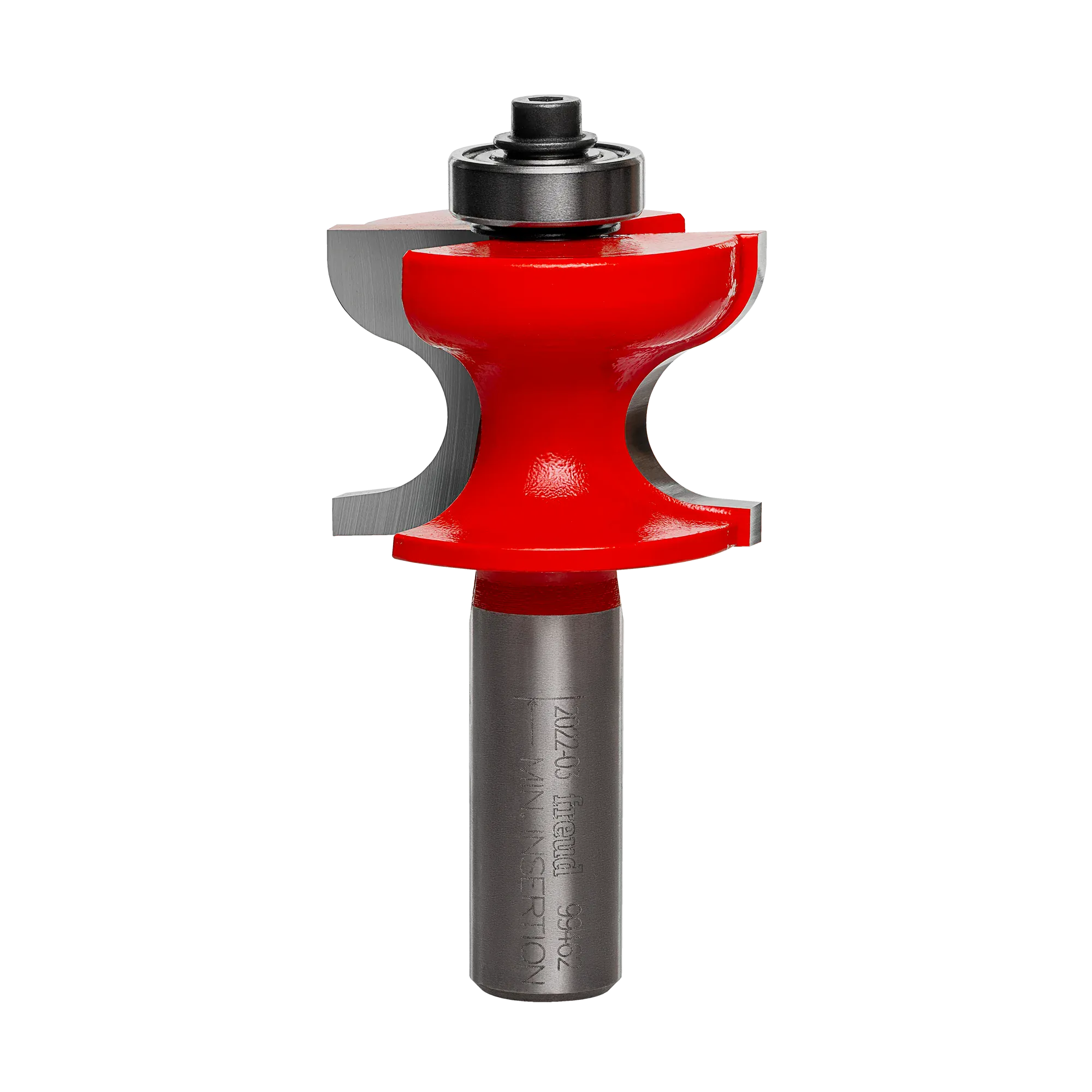 A close-up view of the Freud 99-462 window stool router bit featuring a vibrant red Perma-SHIELD coating, industrial-grade carbide cutters, and a top-mounted ball bearing guide for precise traditional molding profiles.