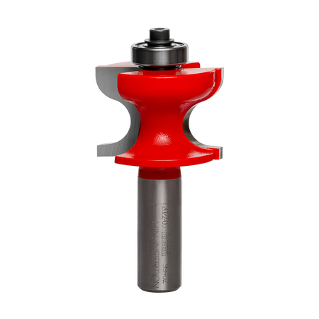 A close-up view of the Freud 99-462 window stool router bit featuring a vibrant red Perma-SHIELD coating, industrial-grade carbide cutters, and a top-mounted ball bearing guide for precise traditional molding profiles.