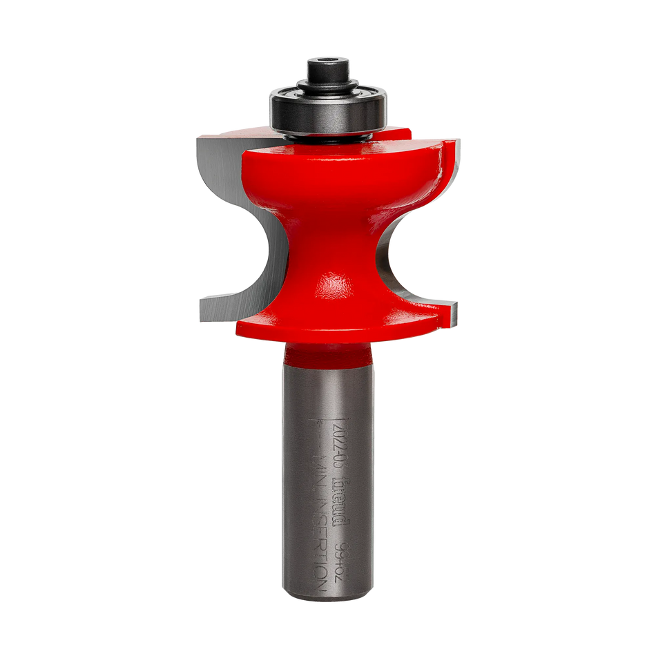 A close-up view of the Freud 99-462 window stool router bit featuring a vibrant red Perma-SHIELD coating, industrial-grade carbide cutters, and a top-mounted ball bearing guide for precise traditional molding profiles.