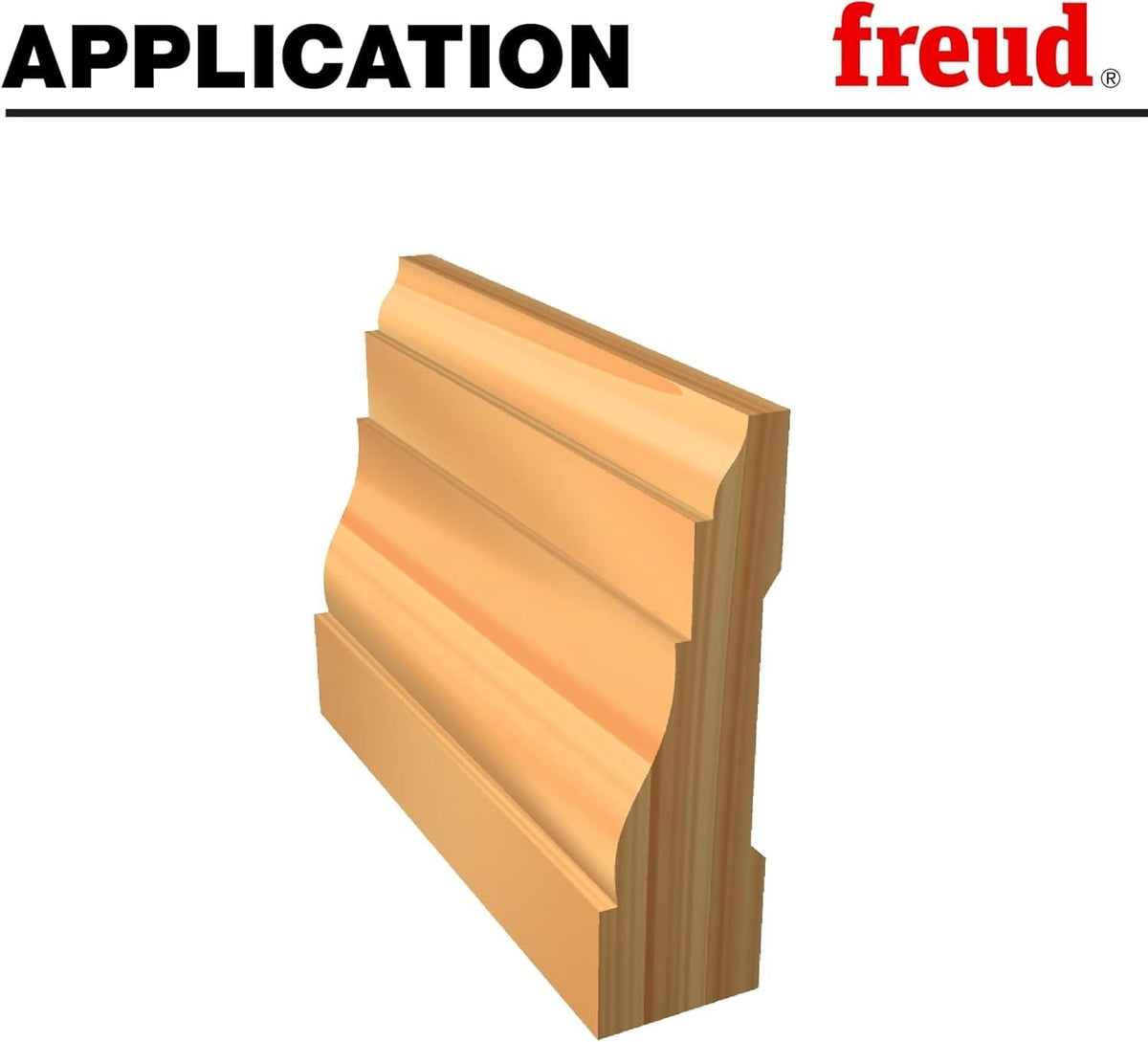 3D illustration of a finished wooden casing molding strip exhibiting the classic stepped curves and architectural details created by the router bit.