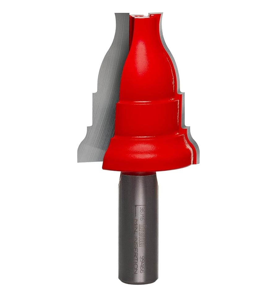 Studio product shot of the Freud 99-466 Architectural Casing Router Bit featuring a red Perma-SHIELD coated body and a 1/2-inch shank.