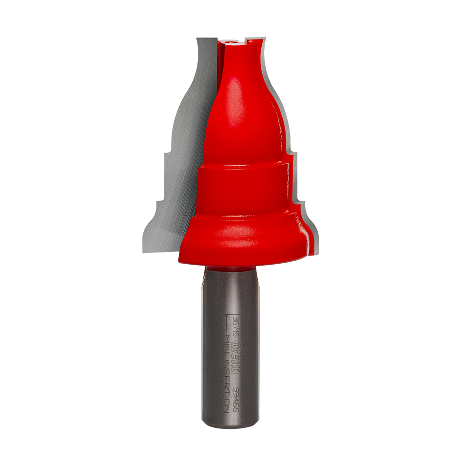 Studio product shot of the Freud 99-466 Architectural Casing Router Bit featuring a red Perma-SHIELD coated body and a 1/2-inch shank.
