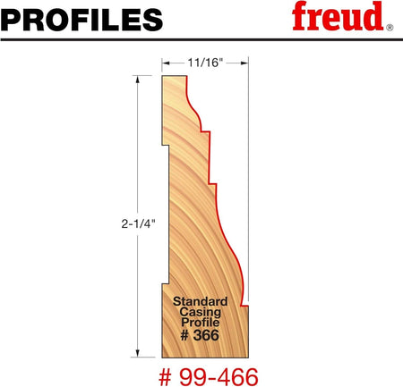 Technical profile diagram for model #99-466 showing the dimensions for "Standard Casing Profile # 366". A red line traces the profile on a wood block, indicating a total height of 2-1/4 inches and a width of 11/16 inches.