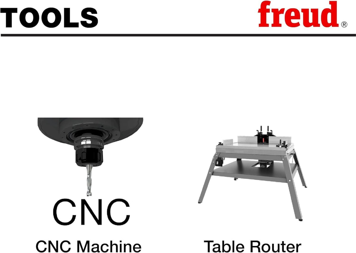 Graphic titled TOOLS displaying two router setups compatible with this bit: a CNC Machine on the left and a stationary Table Router on the right.