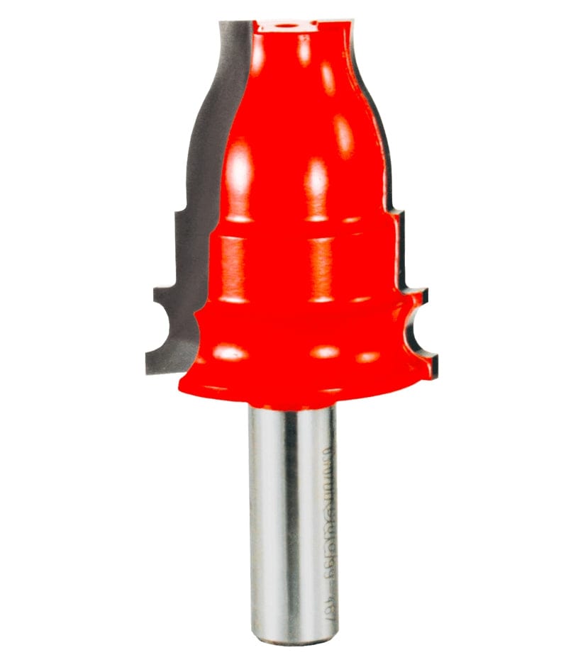 Studio product shot of the Freud 99-467 Architectural Casing Router Bit featuring a red Perma-SHIELD coated body and a 1/2-inch shank.