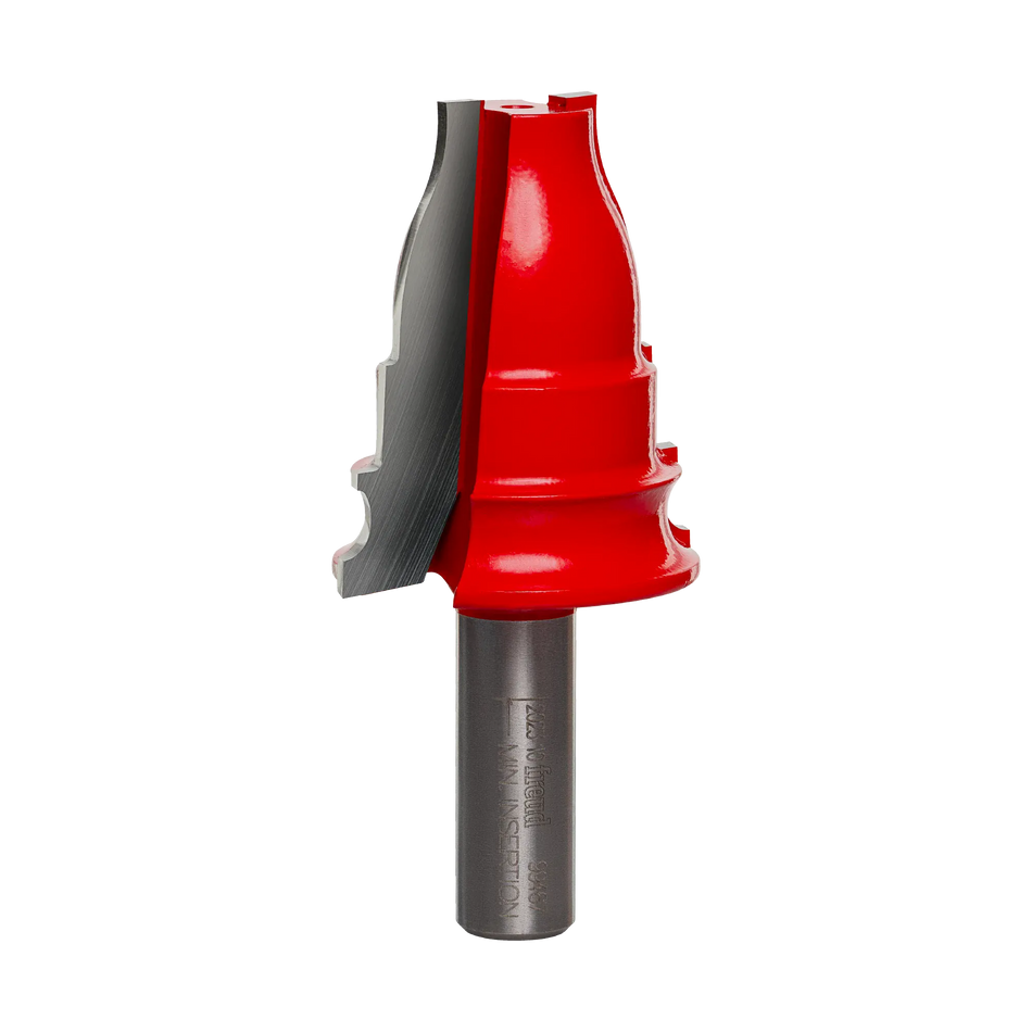 Studio product shot of the Freud 99-467 Architectural Casing Router Bit featuring a red Perma-SHIELD coated body and a 1/2-inch shank.