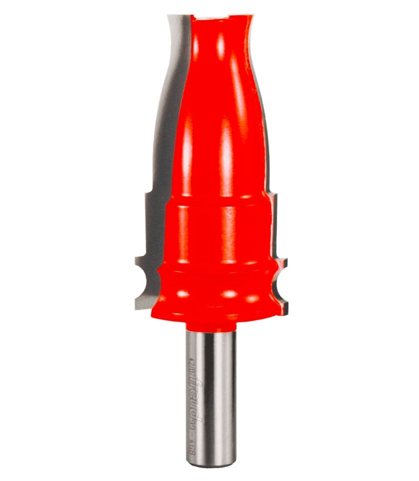 Studio product shot of the Freud 99-468 Door and Window Casing Router Bit featuring a tall red Perma-SHIELD coated body and a 1/2-inch shank.