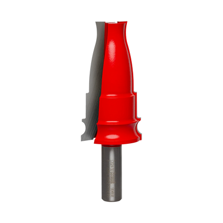 Studio product shot of the Freud 99-468 Door and Window Casing Router Bit featuring a tall red Perma-SHIELD coated body and a 1/2-inch shank.