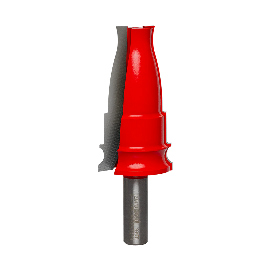 Studio product shot of the Freud 99-468 Door and Window Casing Router Bit featuring a tall red Perma-SHIELD coated body and a 1/2-inch shank.