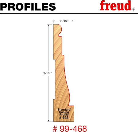 Technical profile diagram for model #99-468 showing the dimensions for "Standard Casing Profile # 445". A red line traces the profile on a wood block, indicating a total height of 3-1/4 inches and a top width of 11/16 inches.