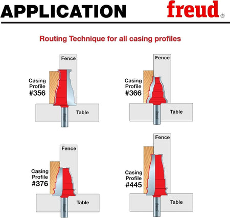 Diagram titled "Routing Technique for all casing profiles" displaying cross-sections of four different casing profiles (#356, #366, #376, and #445) being routed vertically on a router table against a fence.