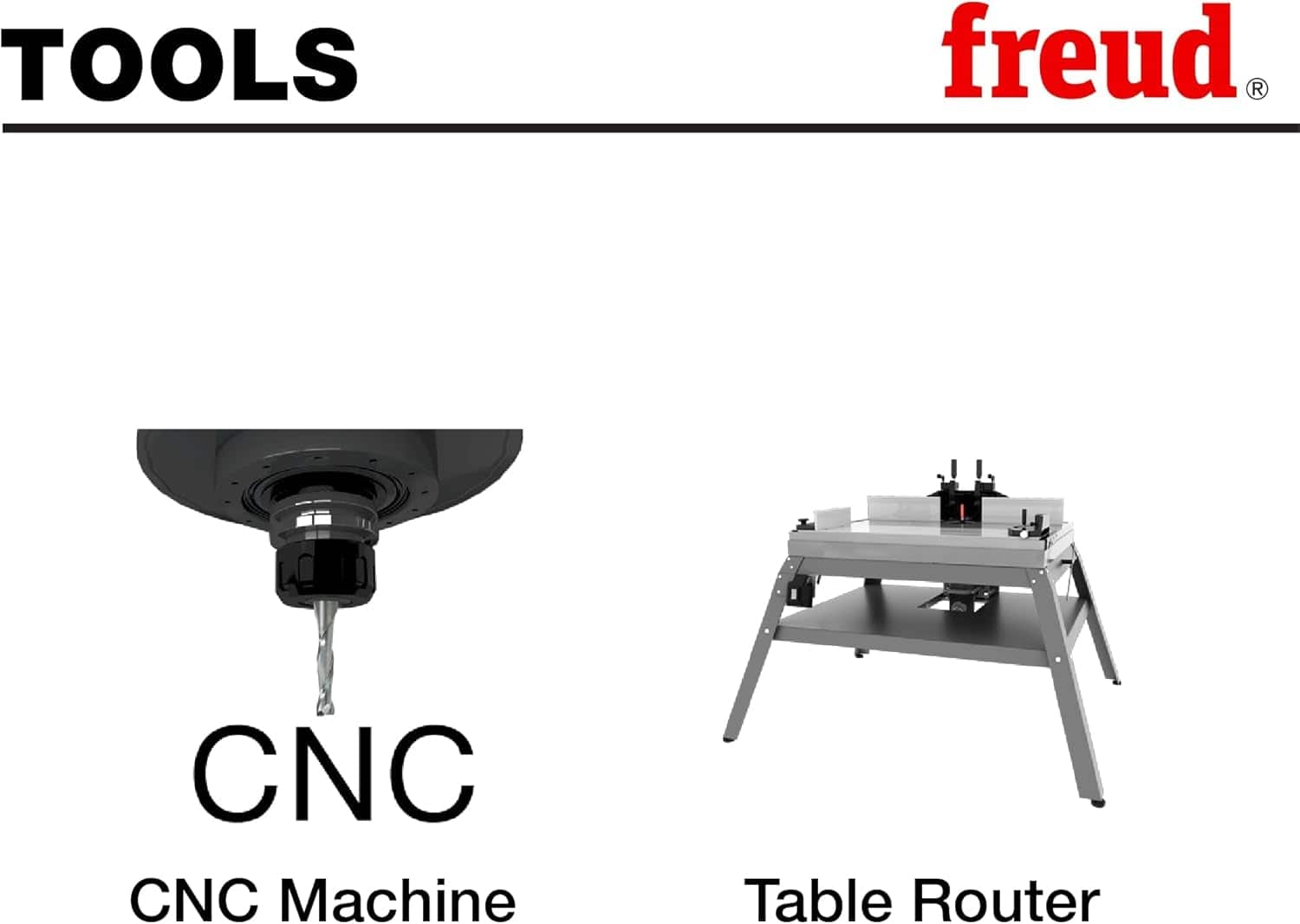 Graphic titled TOOLS displaying two router setups compatible with this bit: a CNC Machine on the left and a stationary Table Router on the right.