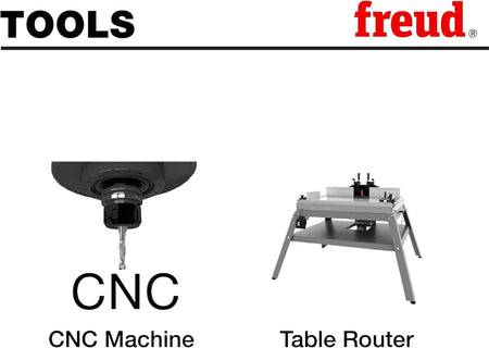 Graphic titled TOOLS displaying two router setups compatible with this bit: a CNC Machine on the left and a stationary Table Router on the right.