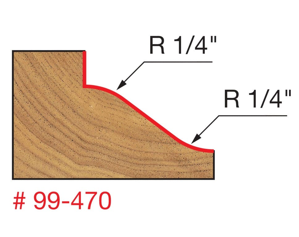 A close-up cross-section diagram of the wood profile created by the Freud 99-470 reversible wainscoting bit, highlighting two 1/4 inch radii that form the decorative curve.