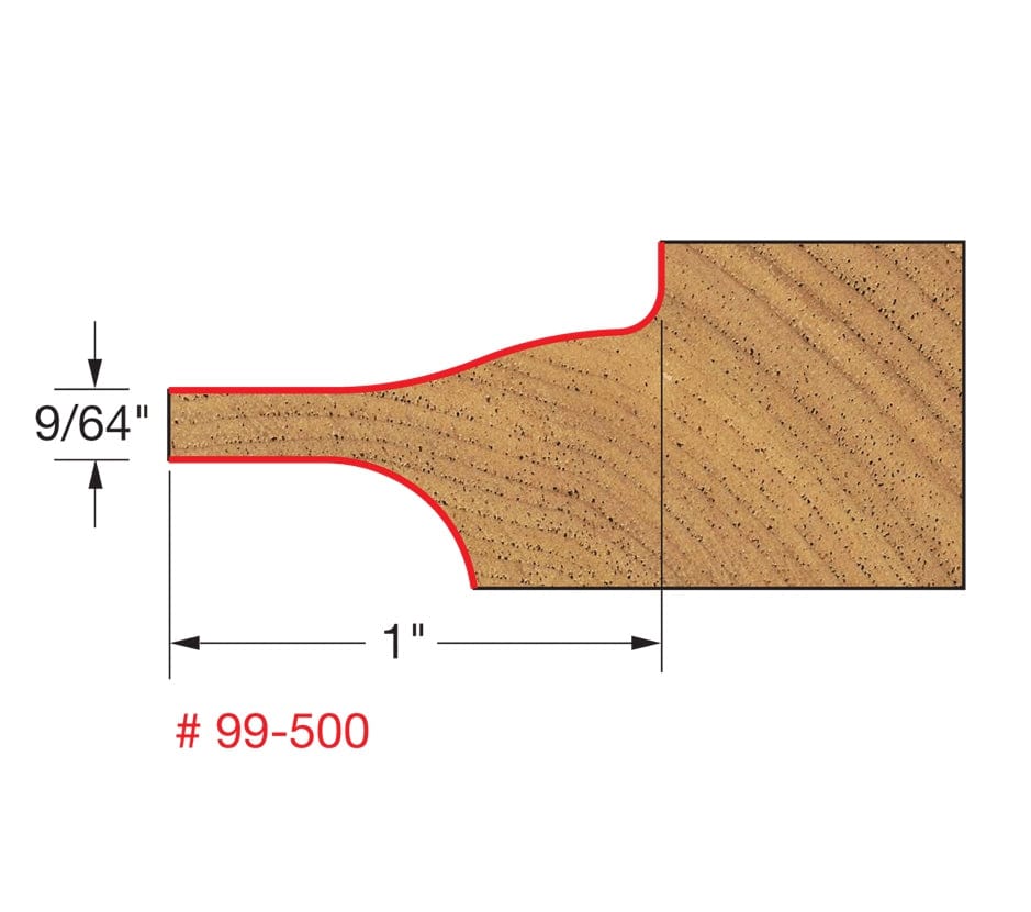 Technical diagram showing the cross-section profile produced by the Freud 99-500 bit, indicating a 1-inch wide reveal and a 9/64-inch tongue thickness for the raised panel edge.