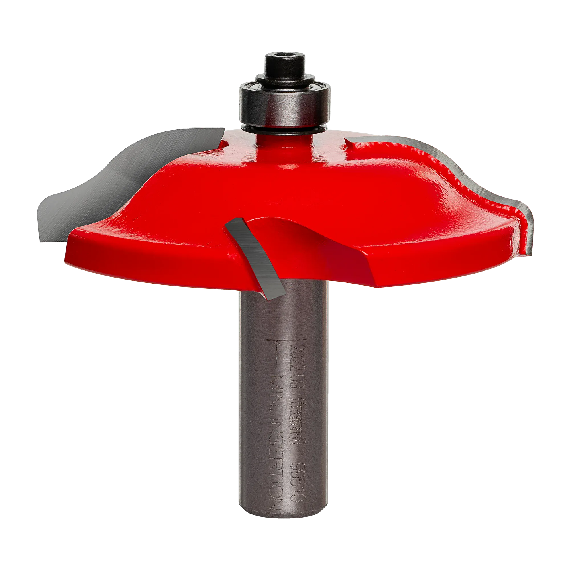 Studio angle view of the Freud 99-510 raised panel router bit, featuring a red body, Quadra-Cut four-wing carbide cutters, top-mounted bearing, and 1/2 inch shank.