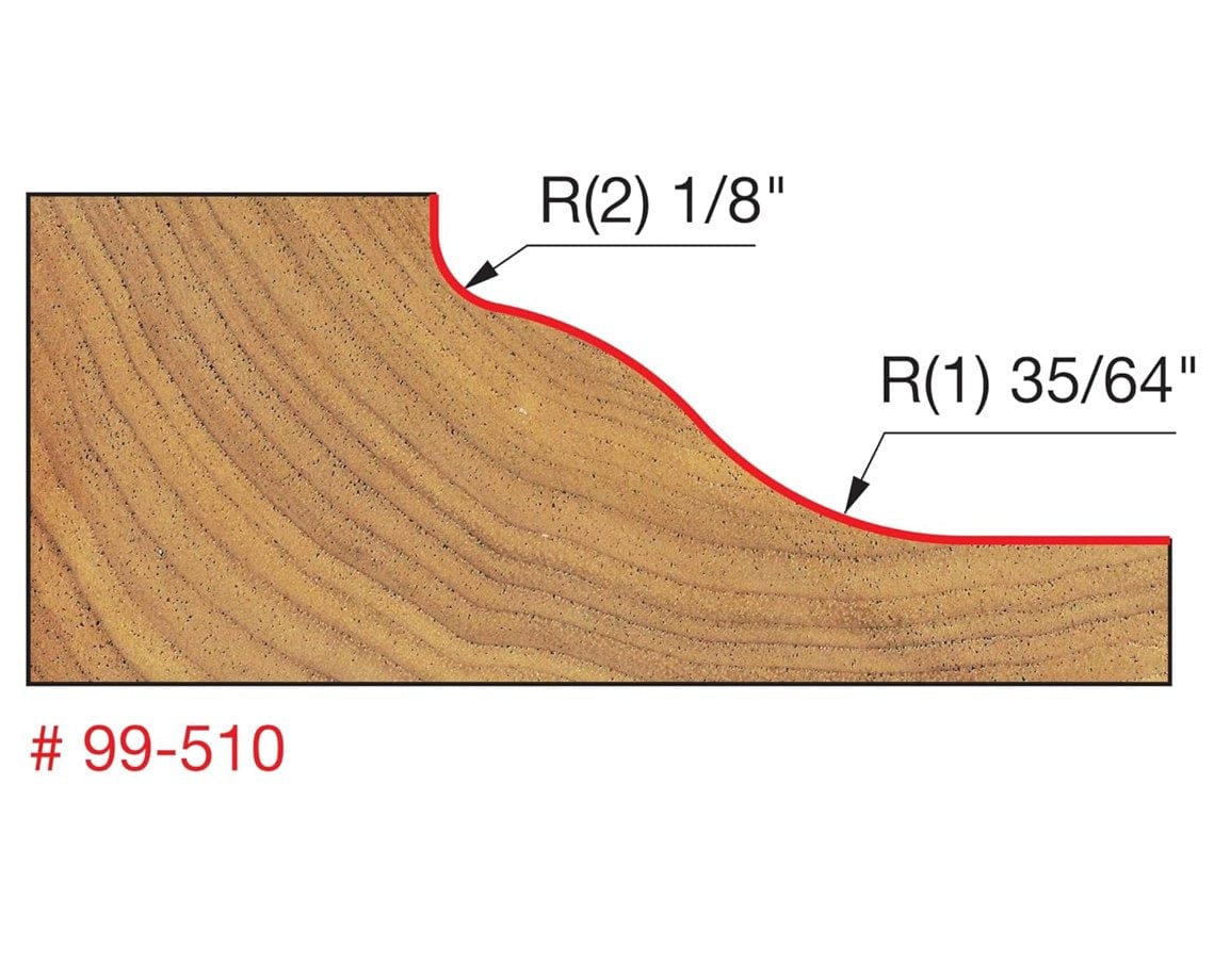 Technical profile diagram of the wood edge cut by the Freud 99-510 bit, displaying the round ogee curve with radius dimensions of 1/8 inch and 35/64 inch.