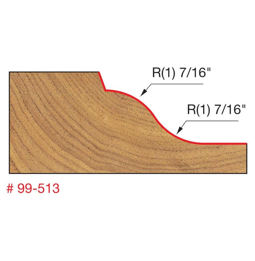 A technical profile diagram for the Freud 99-513 raised panel bit, illustrating a precise Ogee curve with specified radii of 7/16 inch for creating decorative cabinet door panels.