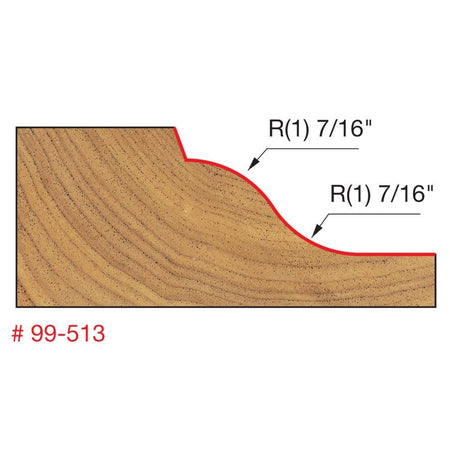 A technical profile diagram for the Freud 99-513 raised panel bit, illustrating a precise Ogee curve with specified radii of 7/16 inch for creating decorative cabinet door panels.