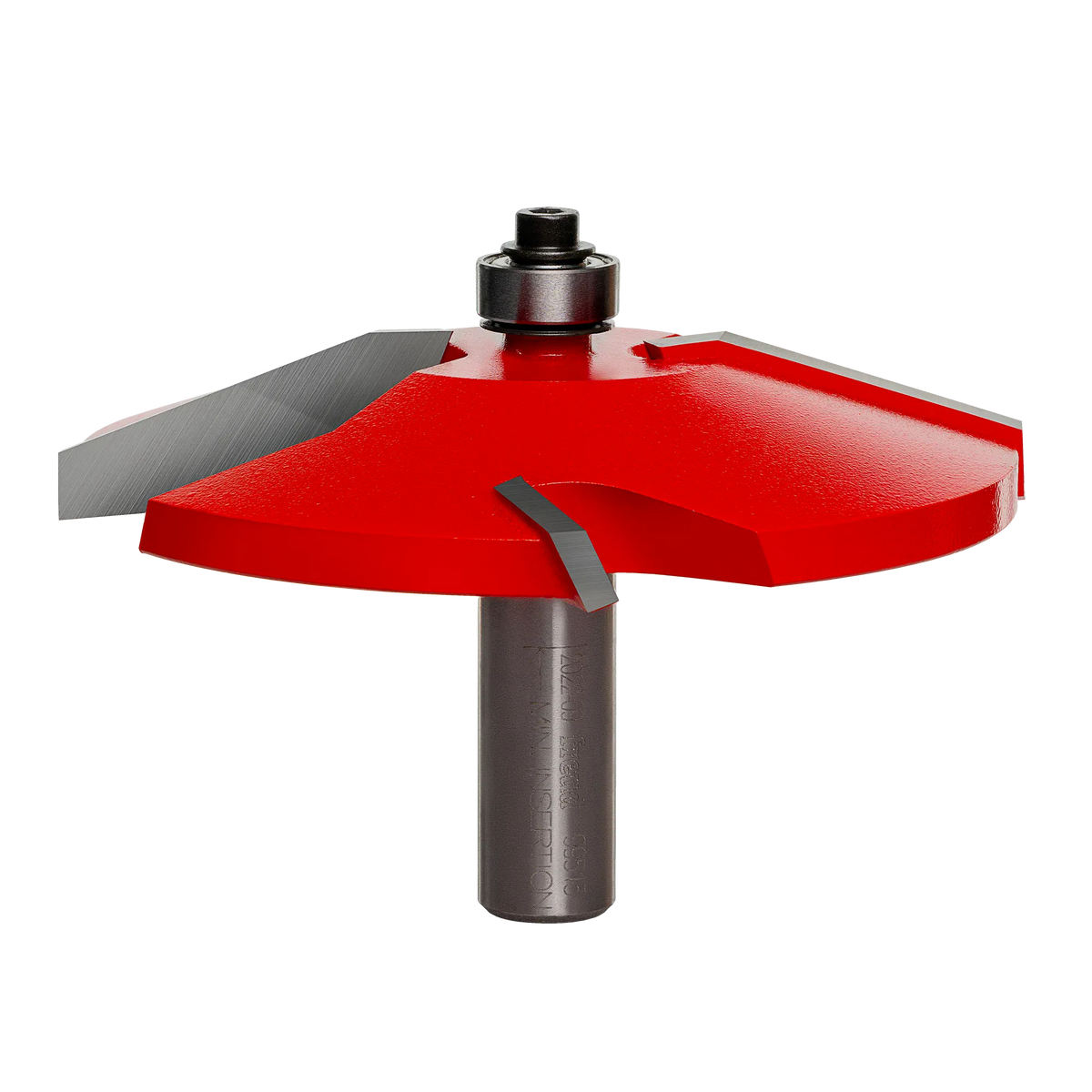 A high-resolution product shot of the Freud 99-515 3-1/2 inch Quadra-Cut raised panel router bit, featuring red carbide-tipped cutters and a 1/2 inch silver shank for professional woodworking applications.