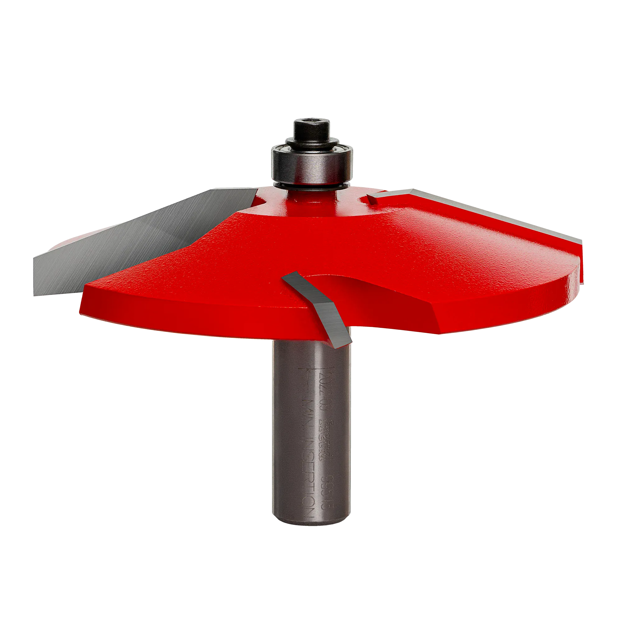 A high-resolution product shot of the Freud 99-515 3-1/2 inch Quadra-Cut raised panel router bit, featuring red carbide-tipped cutters and a 1/2 inch silver shank for professional woodworking applications.