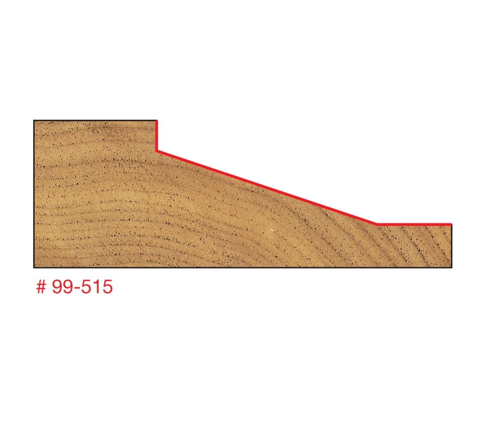 A cross-section profile diagram of the wood edge produced by the Freud 99-515 bit, showing the precise slope and depth for an elegant raised panel design.